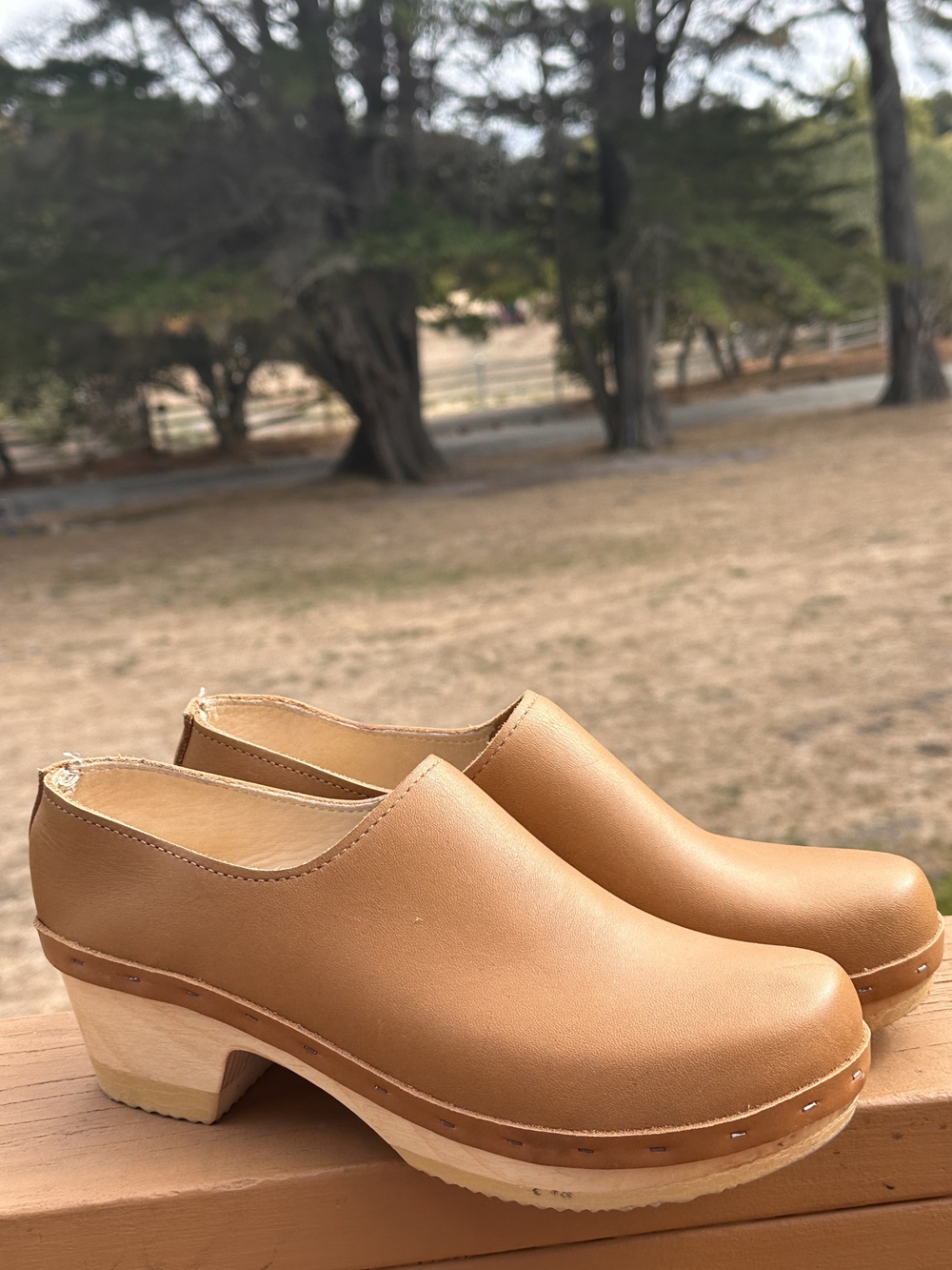 No. 6 Tan Leather Clog Mules with Wood-Look Platform